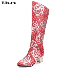Elissara/женские зимние сапоги женские сапоги до колена на высоком каблуке женские высокие сапоги с цветочным принтом размера плюс 33-47