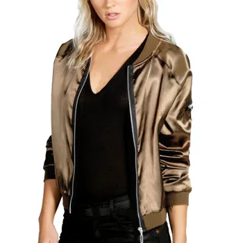 

Women Streetwear Champagne Golden Solid Three Quarter Zipper Outerwear Jackets Ladies Tops Clothing Autumn Free Size Top Tees W1