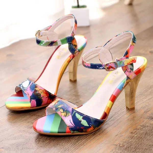 Heel Sandals Floral Print Ladies Shoes 