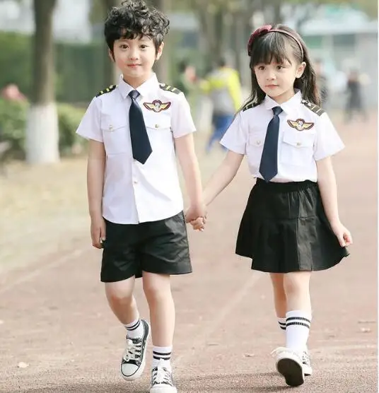 Newest 2019 Children Air Force Clothing Pilot Uniforms Kids Airline Costumes Stewardess Flight Service Cosplay Performance Set Cosplay Costumes