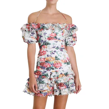 

Summer Runway Designer 2019 Women Elegant Ruffles Off Shoulder Short Sleeve Floral Print Dress Mini Dress Female For Seaside
