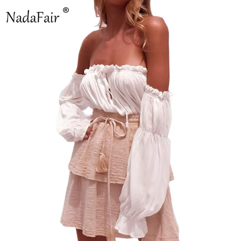 Nadafair с открытыми плечами топы и блузки для женщин на шнуровке длинным рукавом