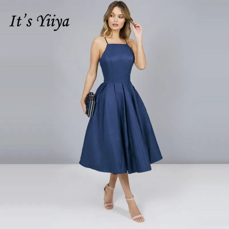 

It's YiiYa Prom Dress Spaghetti Straps Strapless Tea Length Elegant Party Dresses Navy Blue Zipper A-line Formal Gowns G007