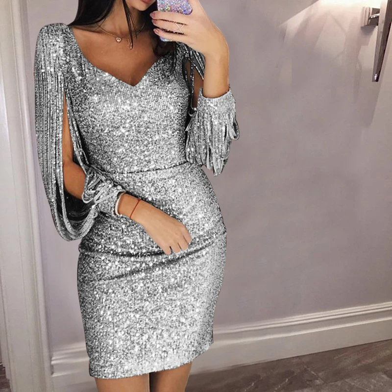 Femmes Robe Sexy Col En V A Manches Longues Sequin Brillant Moulante Mini Robe Courte Fete Soiree Anniversaire Femmes Robes Aliexpress