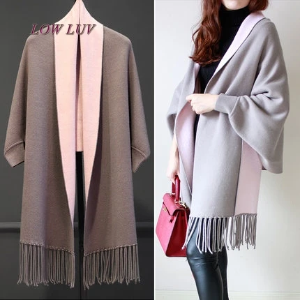 

2017 Autumn New Women's Elegant Socialite Cashmere Tassel Cardigan Sweaters Batwing Sleeves Scarf Cape Outwear Good Quality