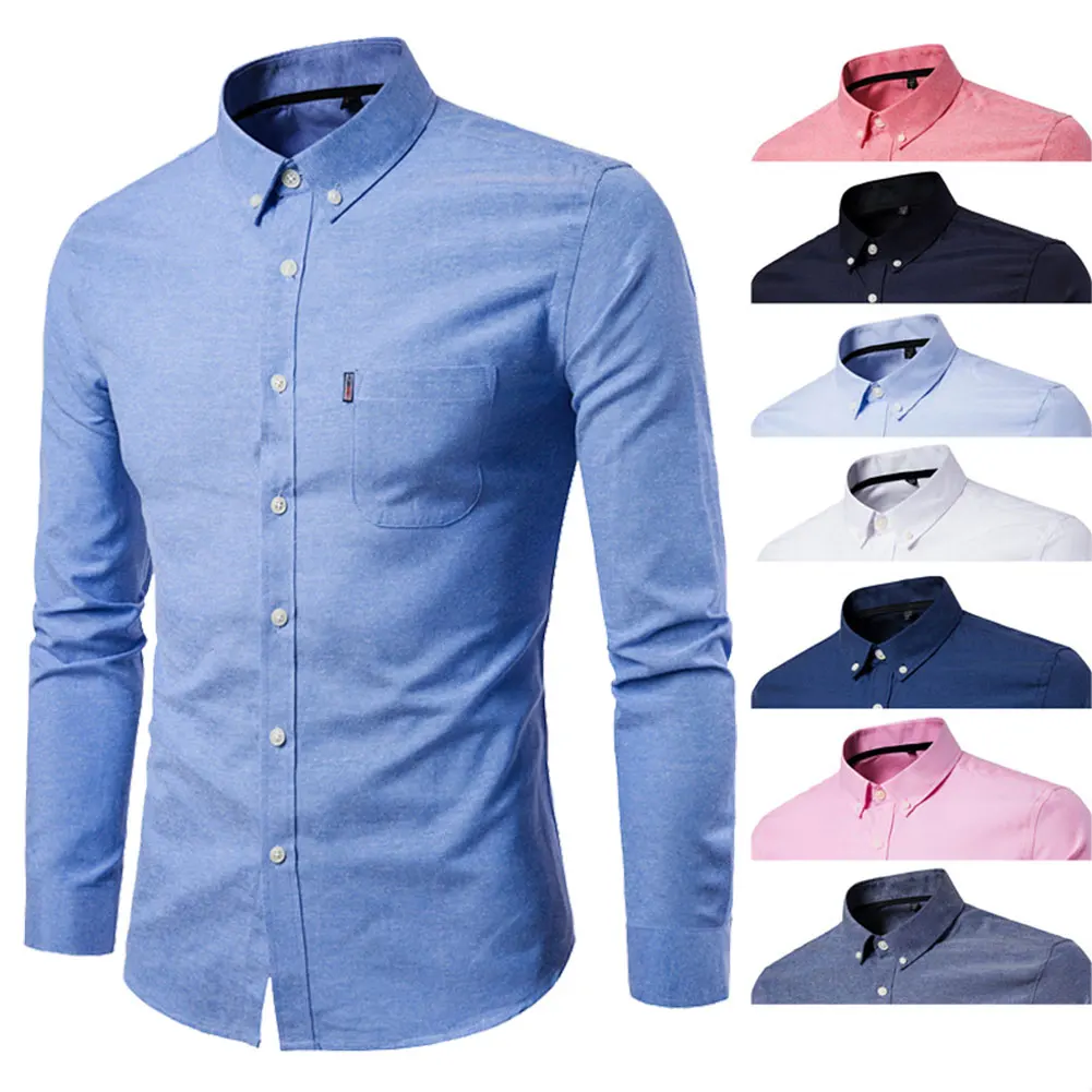 Fashion Men Long Sleeve Shirt Solid Business Casual Slim Fit Turn Down