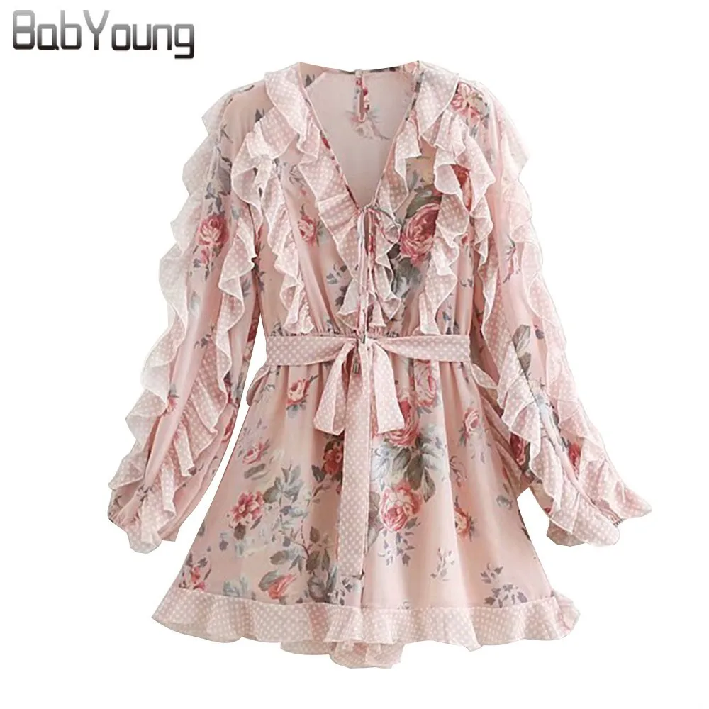 

BabYoung 2019 Women's Playsuits Sexy Sweet Pink Lace Bow V-neck Long Sleeve Floral Printed Shorts Rompers Autumn Jumpsuit Femme
