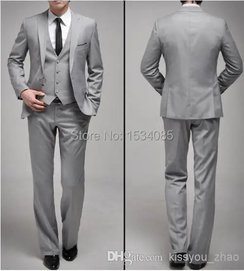 Top Selling - Custom Made Slim Fit One Button Light Grey Groom Tuxedos Side Slit Groomsmen Men Wedding Suits Bridegroom (Jacket+ | Мужская
