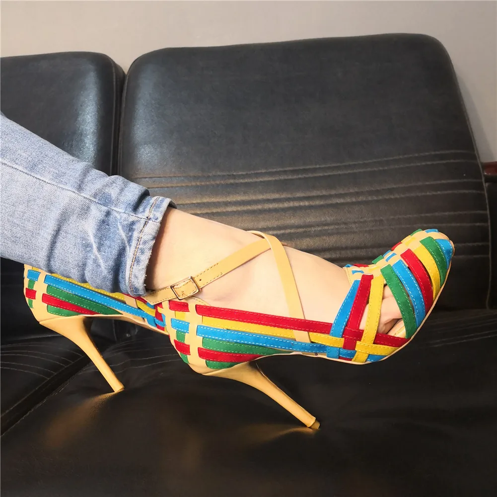 

SARAIRIS Brand New Colorful Weaving Plus Size 47 Sexy Party Women Shoes Summer Thin High Heels Shoes Woman Pumps Sandals
