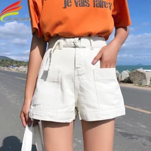 Новинка, черные, белые и синие джинсовые шорты для женщин с поясом, уличный стиль, с карманами, короткие джинсовые шорты с высокой талией, женские короткие штаны