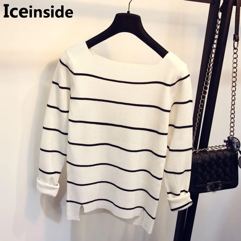 

Autumn New Korean Women White And Black Striped Slash Neck Pullover Sweaters Female Knitted Long Sleeve Tops Femme Tricot Pull