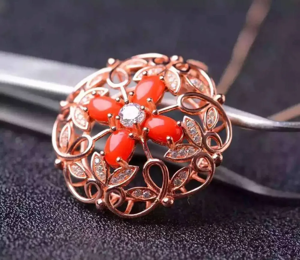  Pendentif corail rouge naturel pendentif pierre précieuse naturelle S925 argent luxueux rond chance