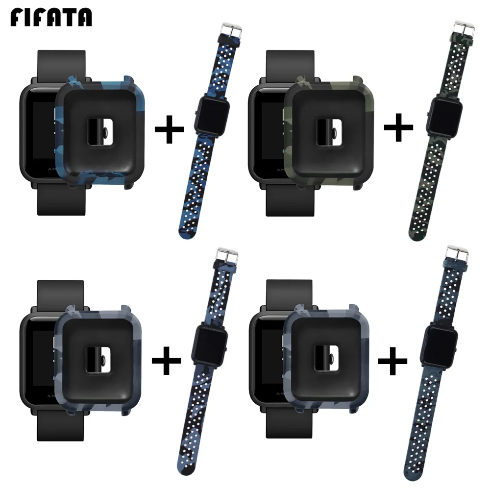 

FIFATA For Amazfit Bip Strap Camouflage Watch Band For Xaomi Huami Amazfit Bip Youth Case Cover + Silicone Replacement Bracelet