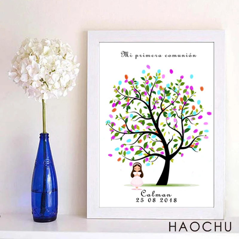 Canvas Fingerprint Signature DIY Guest Book For Girls Mi Primera Communion Souvenir Free Custom Name Date Gift For Girls Baptism