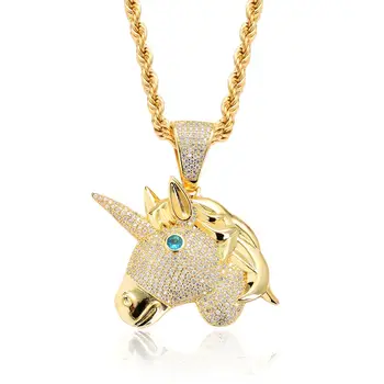 

Newest HipHop Jewelry China Lucky Unicorn Horse Charm Necklace Kyanite Stone Eye Full Cubic Zirconia Iced Out Pendant