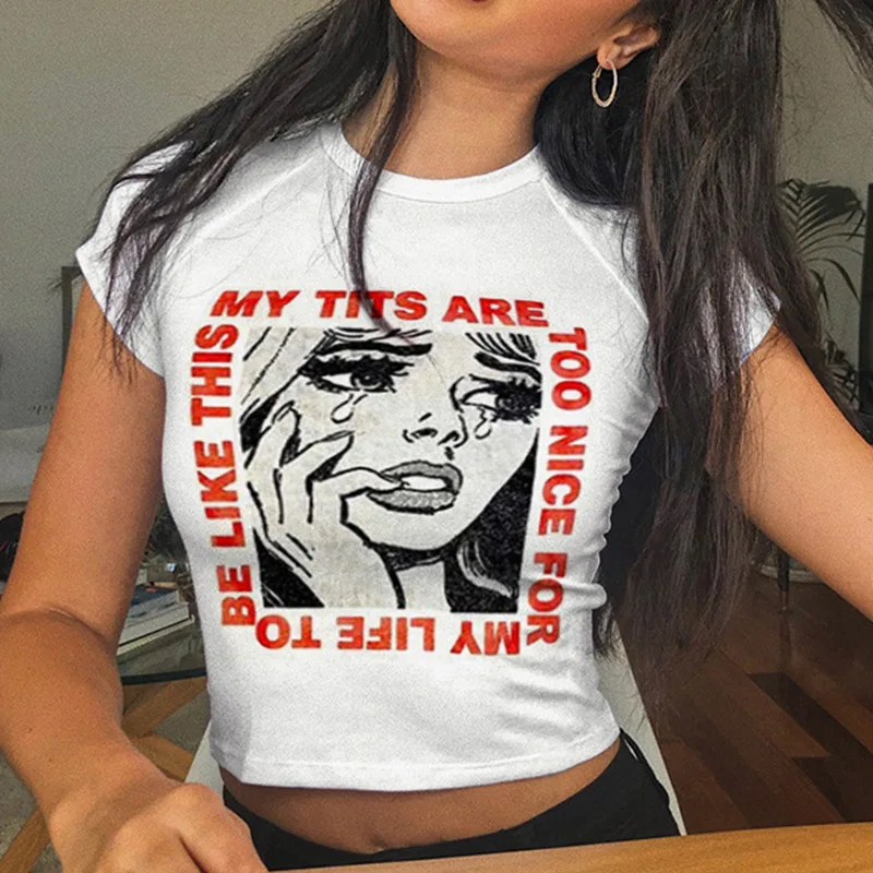 

Summer Women Sexy Crop Tops Short Sleeve T-Shirt Cartoon Printed Tee Girl Casual AIC88