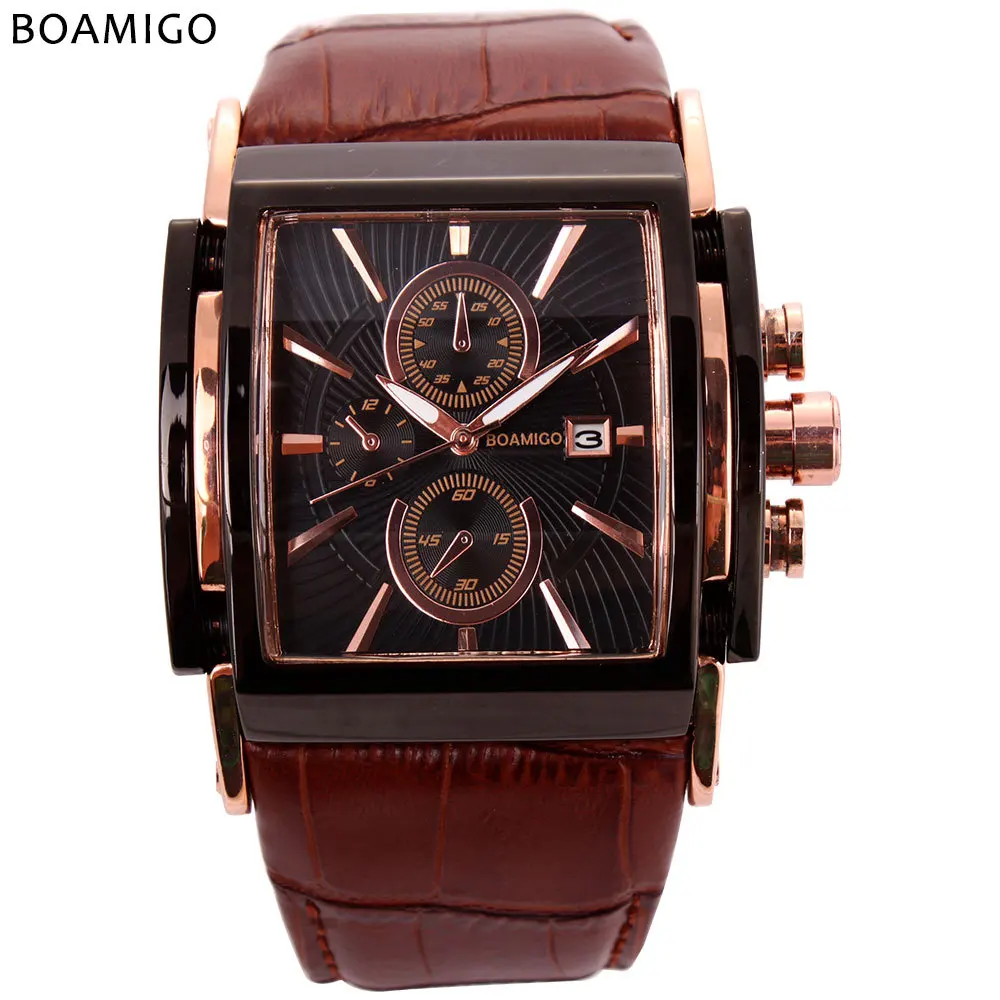 

mens sport quartz wristwatches square genuine leather Big dial man watches calendar luminous black brown male clocks luxury