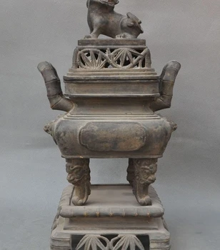 

16"Marked Old China Bronze Foo Dog Lion Beast Luvky Statue Incense burner Censer