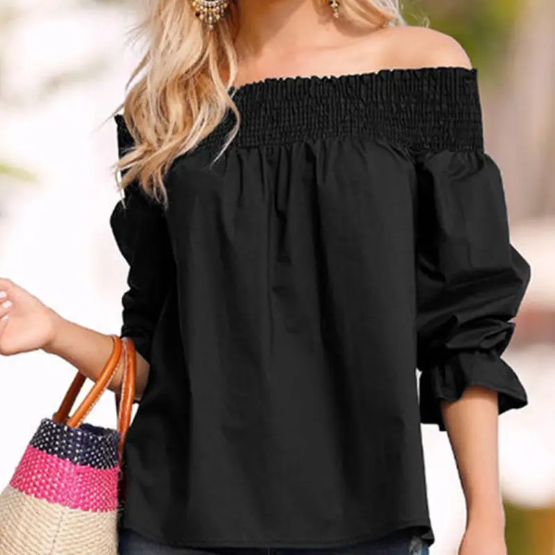 Sexy Off Shoulder Back Bowknot Blouse And Shirts Spring Summer Strapless Women Ruffle Sleeve Pleat Tops Casual Loose Blusas|Блузки| |