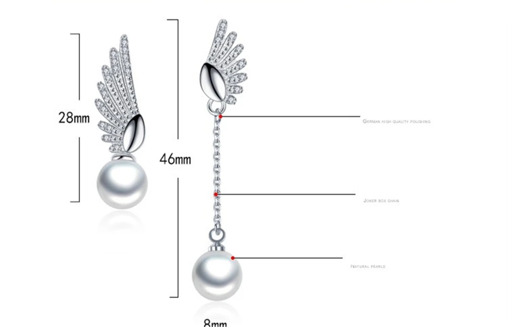 Модные серебряные ювелирные изделия для девушек простой Асимметричный Ангел крылья серьги имитация жемчуга Висячие серьги женские украшения