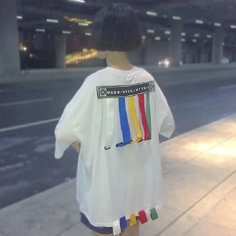 Корейские летние красочные ленты Harajuku свободная футболка с короткими рукавами