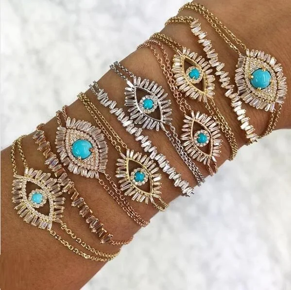 

Baguette cubic zirconia CZ eye bracelet 3 color luxury Gorgeous women gift Turquoises Gem Shiny Chic evil eye jewelry