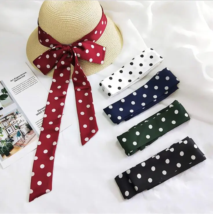 

195*4CM Women Skinny Polka Dot Scarf Extra Long Narrow Silk Ribbon Scarfs Necktie Ladies Thin Tie Neck Scarves Wrist Strap Belt