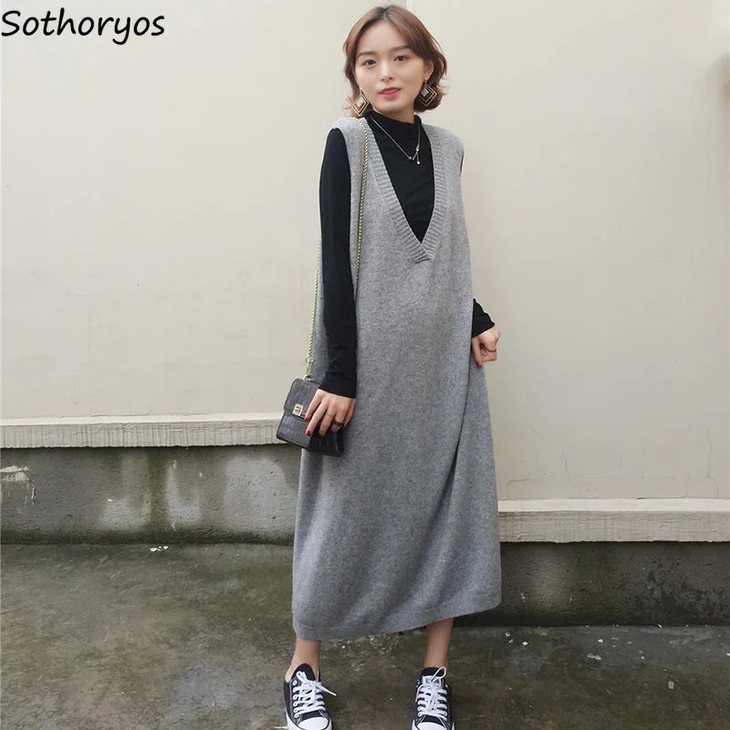 

Dress Women 2019 Sleeveless V-Neck Leisure Simple All-match Korean Elegant Ladies Knitting Trendy Soft Dresses Womens Loose Chic