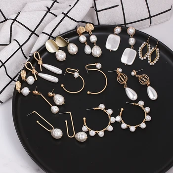 

JUJIA Pearl Drop Earring Geometric Gold Color Metal Dangle Earring Za 2019 New Wedding Statement Jewelry Women Christmas Gift