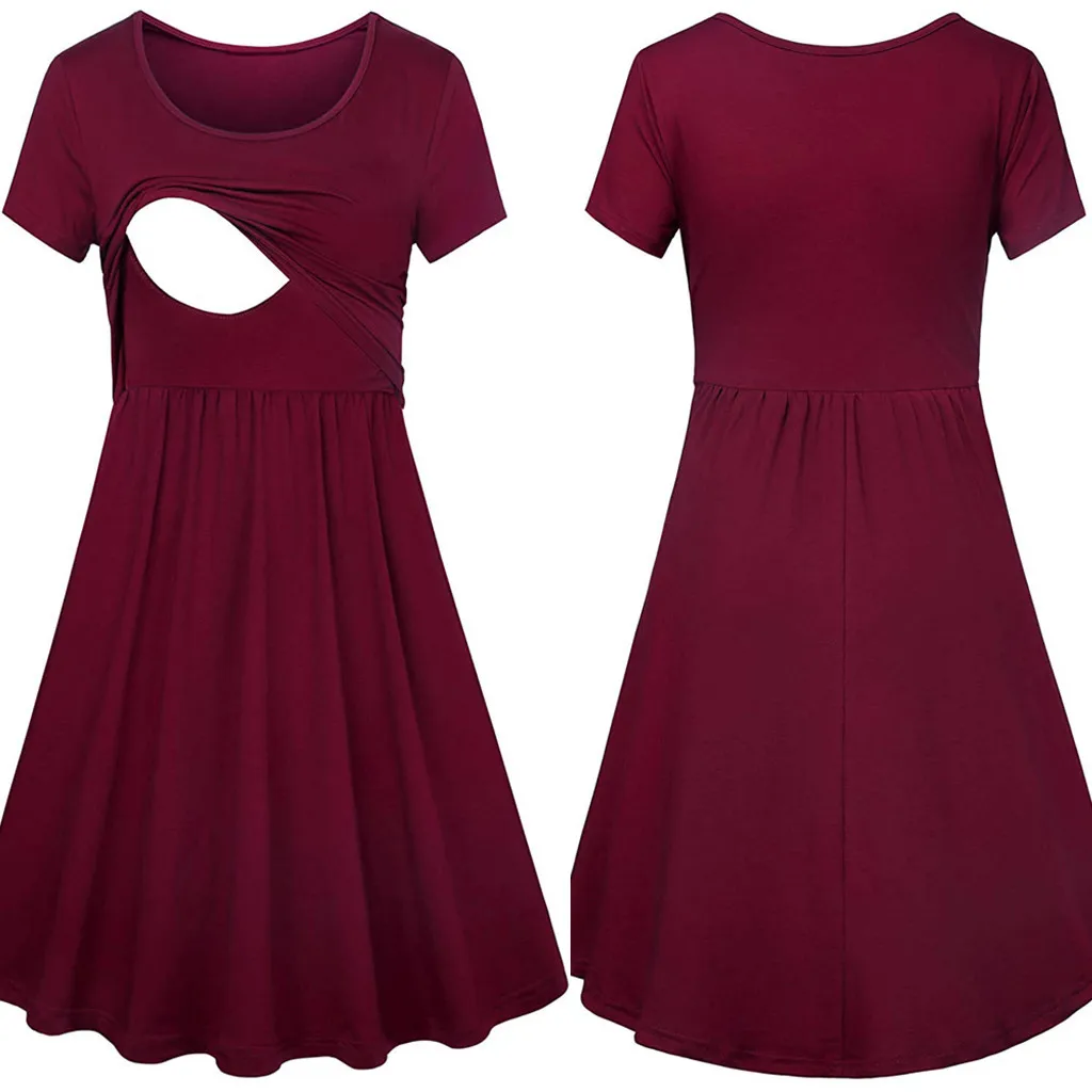 

2019 Summer Women's short Sleeve Nursing Dress Pure color Maternity Dress Breastfeeding Pregnancy Clothes Pregnant Dresses Soft