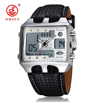 

OHSEN Analog Digital Watch Men Business Watch Alarm Date Stopwatch LED Back Light Leather Band Electronic Wrist Watches Relogio