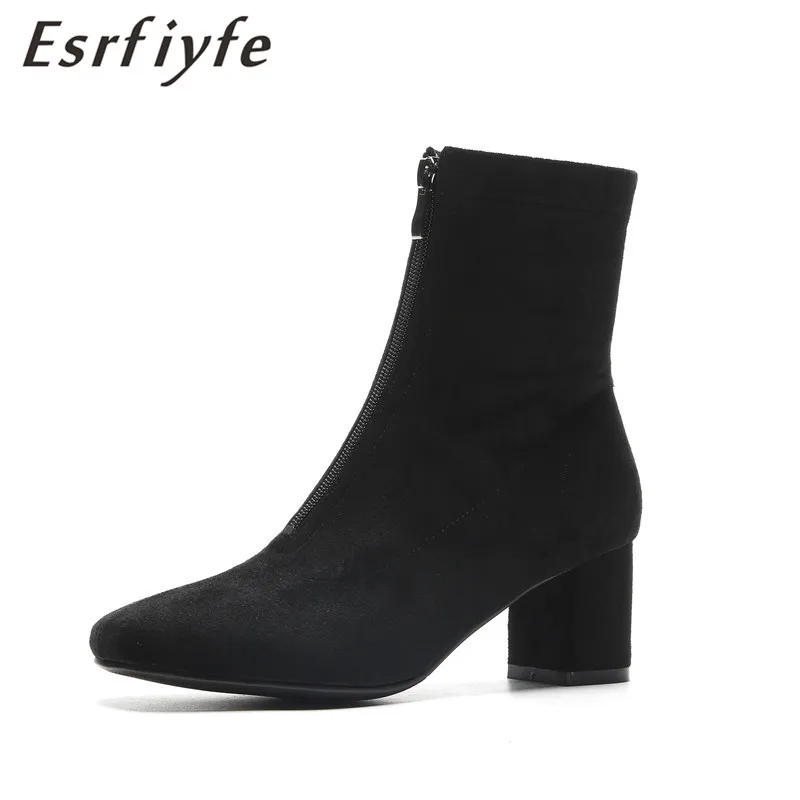 

ESRFIYFE 2019 New Ankle Boots Front Zipper Women Botas Flock Winter Autumn Shrot Plush Shoes Woman 6 Cm Square Heels Boots Women