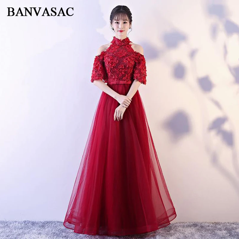 

BANVASAC 2018 Vintage Halter Flowers Appliques A Line Long Evening Dresses Party Lace Half Sleeve Bow Sash Prom Gowns