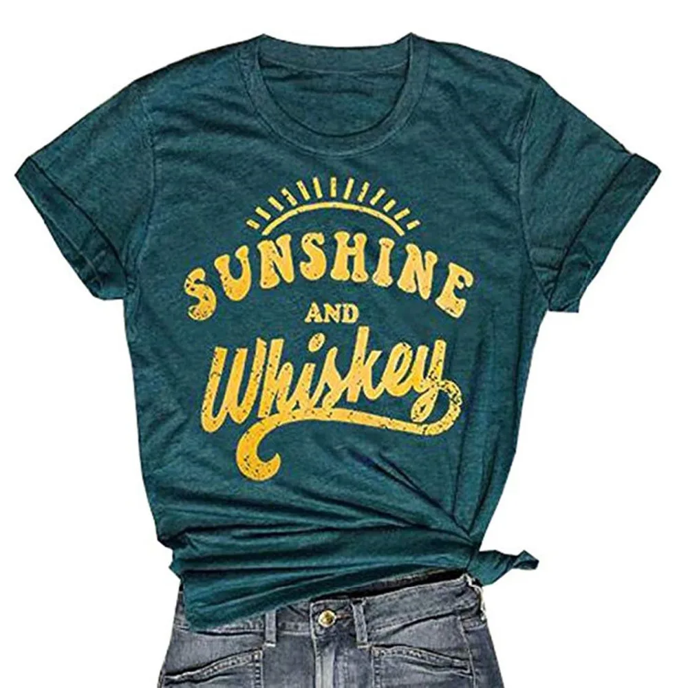 Women Sunshine and Whiskey Tshirt Crew Neck Short Sleeve Tee Shirt Plus Size Casual Summer Loose Blouse Tops