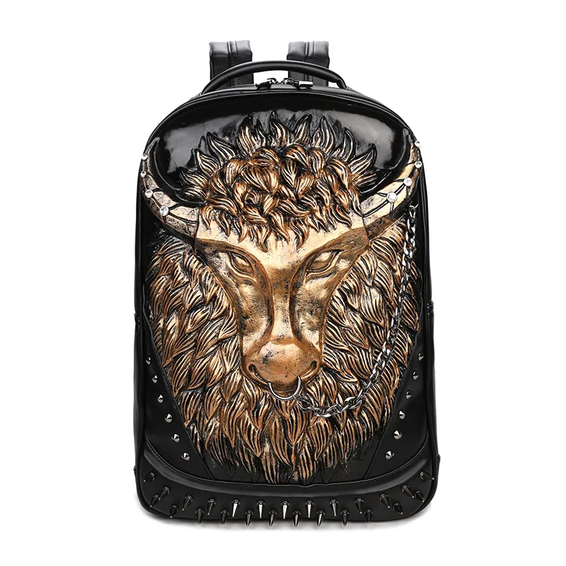 

Super Cool Style 3D Bull Style Backpack Sharp Rivet Vintage Style Pu Leather Double Shoulder Bag Travel School Bag B75