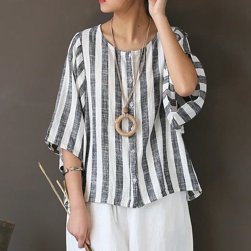 

2017 Half Sleeve Striped Shirts Women O Neck Blousa Femme Spring Summer Casual Loose Tee Tops Streetwear Shirt Camisa Mujer