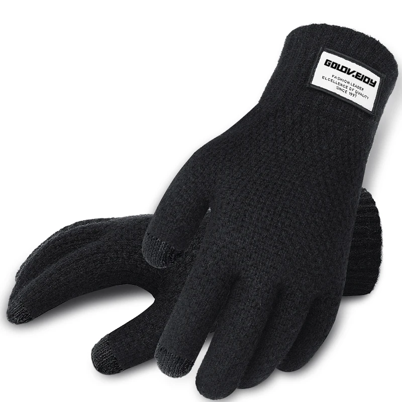 

2019 Winter Autumn Knitted Gloves Touch Screen Male Female Thicken Warm Wool Cashmere Solid Black Gloves Mitten