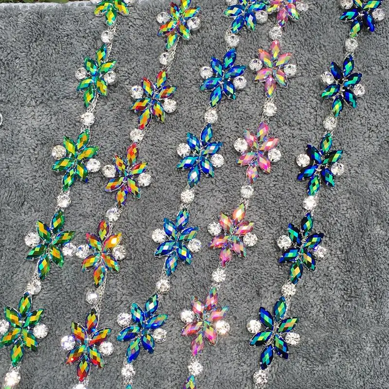 

gorgeous red pink black AB crystal chain for garments and dress yellow blue flower rhinestone trims for dancing costume sewing