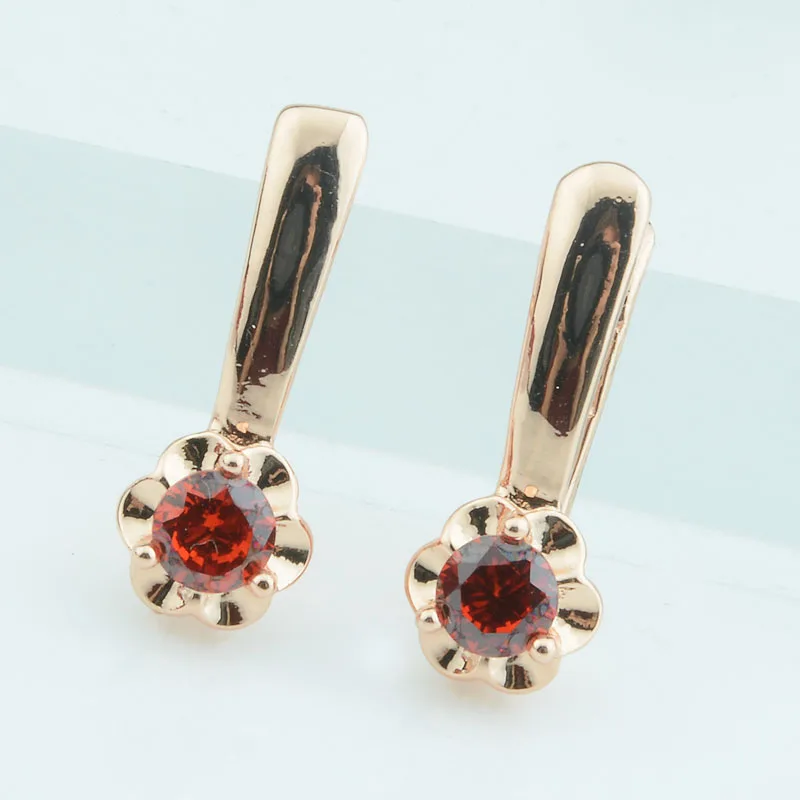 

New Women 585 Gold Color Earrings Red cubic zircon flower earrings Fashion Jewelry Drop Earrings