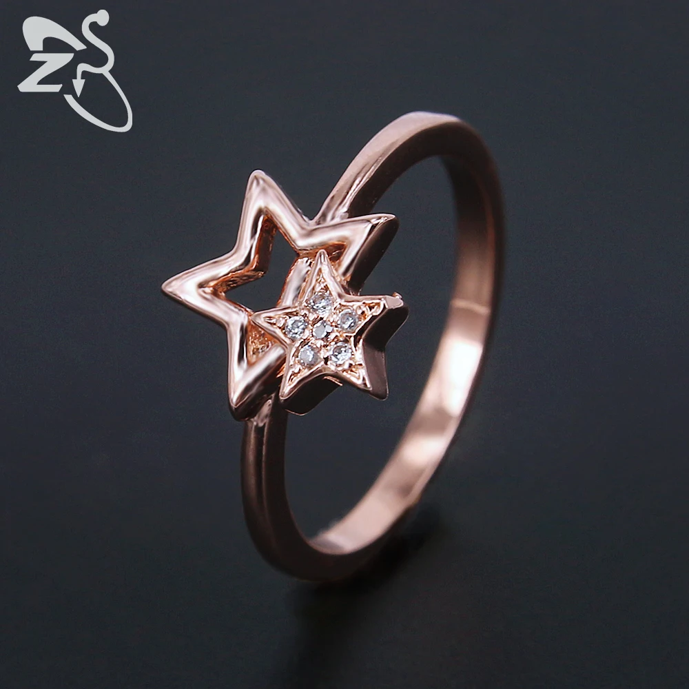 

ZS Double Star Ring for Girls Children Bagues Rose Gold Color Paved with Cubic Zirconia Crystal Ring female Jewelry Gifts