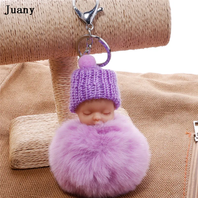 pompom key chain sleeping baby doll key chain pompom rabbit fur ball keychain car keyring women bag car pendant charm 4