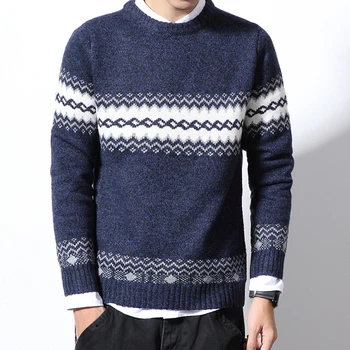 

Pullover men autumn and winter new geometric stitching pattern long-sleeved thick O-neck high-frequency plus size men's sweater
