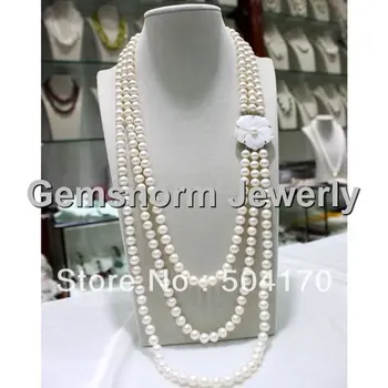 

Free Shipping Charms 3 Strands White Pearl Necklace Handmade Knotted Long Rows Necklace FP034