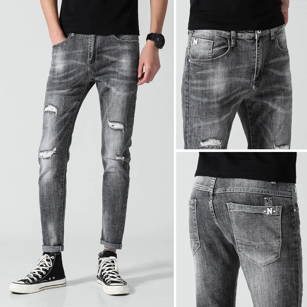 

2019 Men New Casual Denim Straight Hole Trouser Jeans Belt Long Pant 30-36 pantalones hombre streetwear joggers cargo pants men
