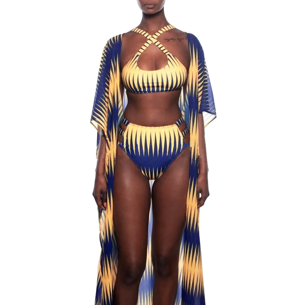 

3PCS Women African swimwear Print Bikini Beach Cover Up Candigan Suit female swimsuit split maillot de bain taille Yellow Bikini