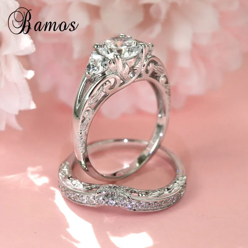 

Bamos Luxury White Zircon Finger Ring Set Simple Stackable Engagement Rings For Women Vintage Promise Wedding Jewelry Best Gift
