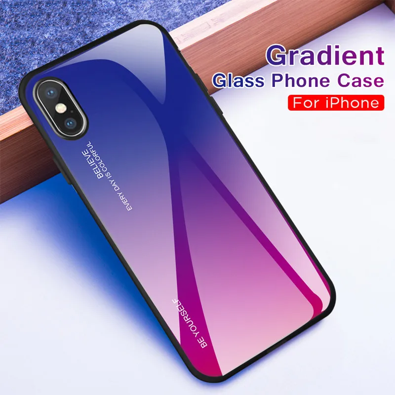 Gradient Tempered Glass Case For iPhone 11Pro MaX XR XS MAX Silicone with glass Colorful for 7 8 Plus Phone |