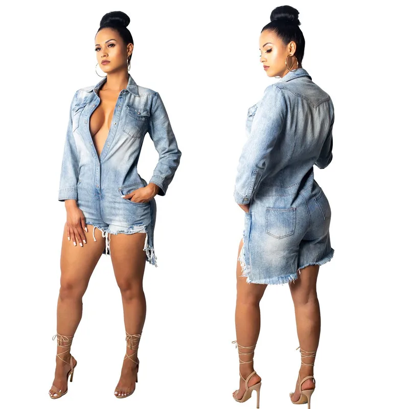 

Summer Fashion Jumpsuits for Women Turn-down Collar Long Sleeve Sexy Denim Bag Hips Slim Casual Solid Color Jumpsuit Plus Size