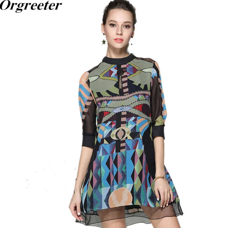 

Orgreeter Autumn New Fashion 2017 Runway Retro Geometric Printed Chiffon Patchwork Above Knee Dress Women Vestidos mujer