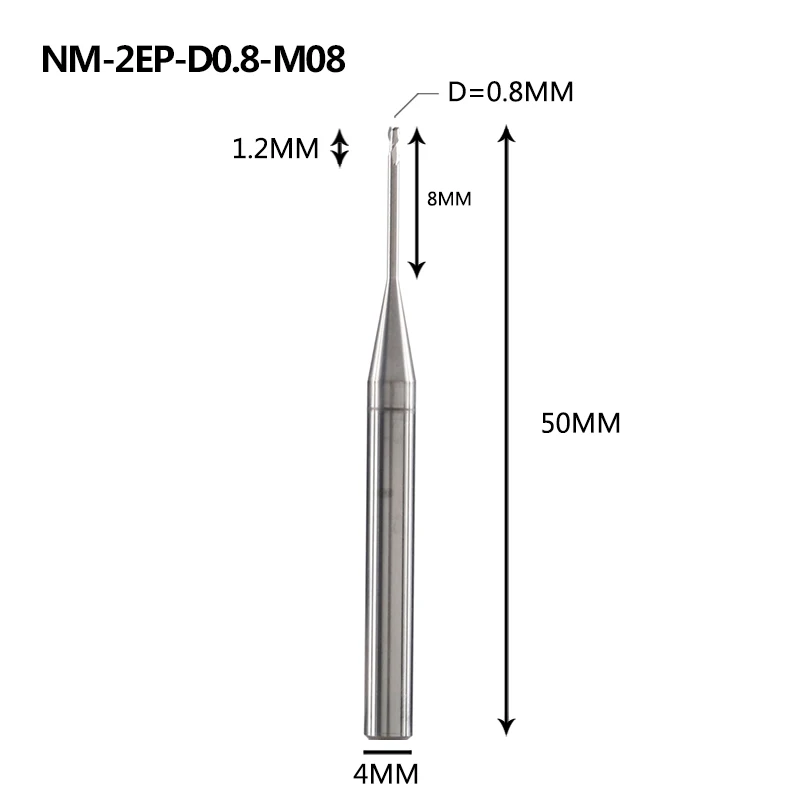NM-2EP Вольфрамовая сталь 2 Флейта квадратная длинная шея с покрытием Концевая фреза Фрезерный резак режущие инструменты для меди и алюминиевого сплава - Длина режущей кромки: NM-2EP-D0.8-M08